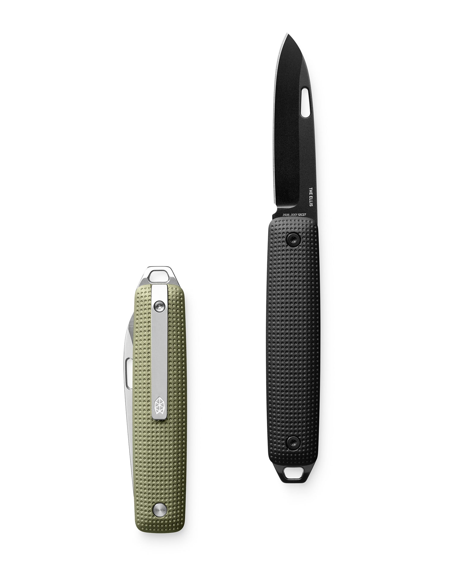 Two Ellis ultra slim slip joint pocket knives next to each other.