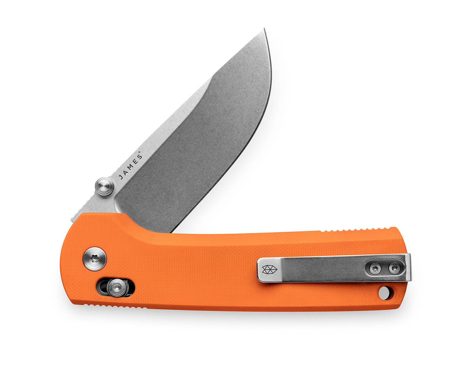 The made in the USA Kline EDC slide lock folding pocket knife with orange handle with Magnacut steel blade.
