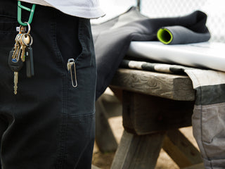 The Ellis EDC folding multitool pocket knife clipped into a man's pocket.