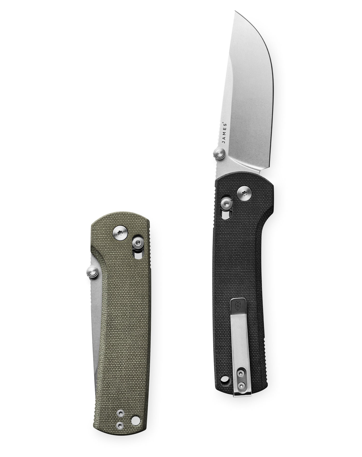 Two Kline EDC slide lock Magnacut steel folding pocket knives with one closed and the other opened. 