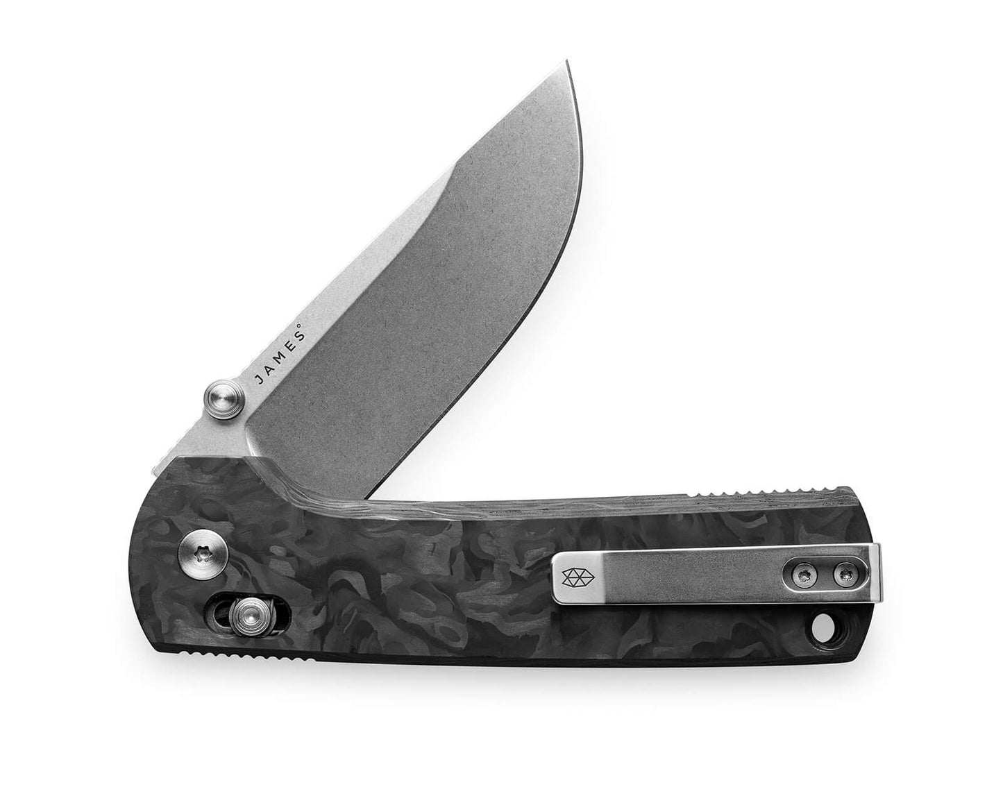 The made in the USA Kline EDC slide lock folding pocket knife with marbled carbon fiber and Magnacut steel.