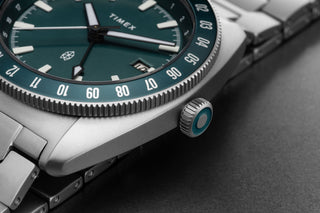 The face of the James x Timex GMT automatic titanium watch.