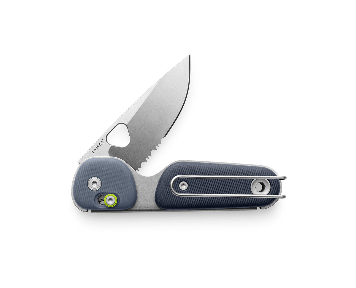The Redstone EDC serrated slide lock adventure knife in tidal blue and stonewash.
