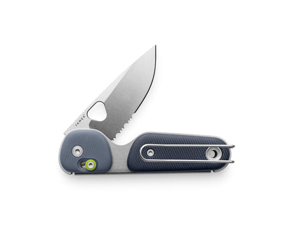 The Redstone EDC serrated slide lock adventure knife in tidal blue and stonewash.