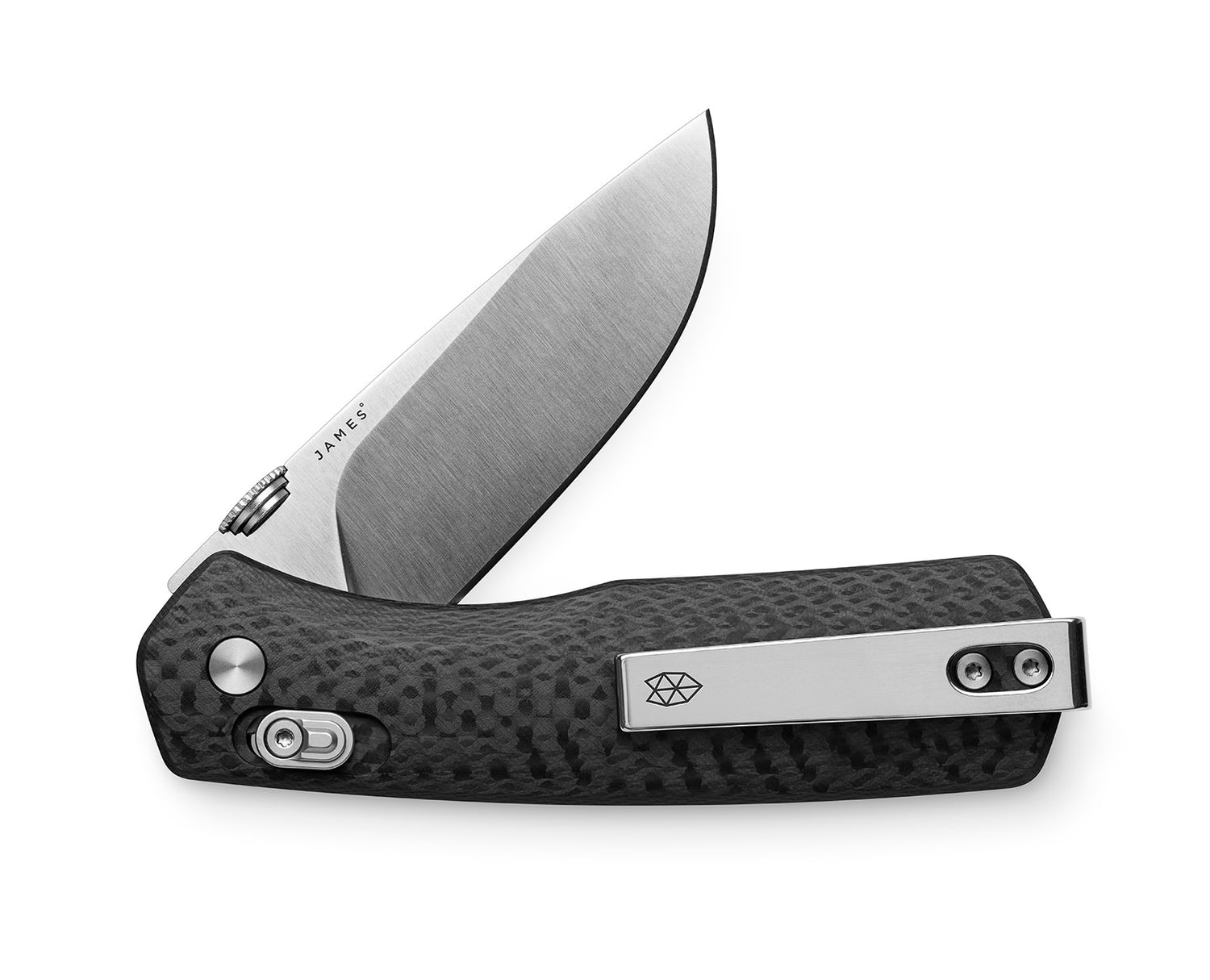 The Carter EDC pocket knife with a stainless blade and carbon fiber handle.