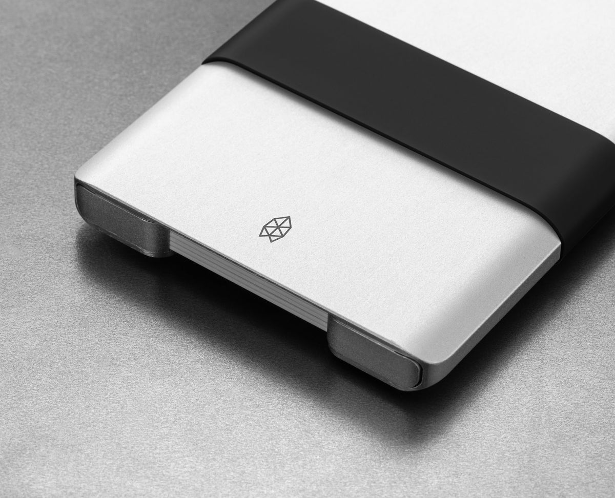 The bottom of The Lowe minimalist card holder wallet in silver and black.