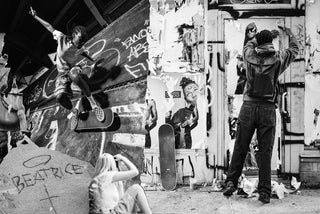 A collage of skateboarding and street art.