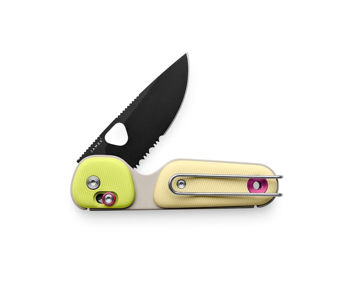 The Redstone EDC serrated slide lock adventure knife in buttermilk and butter.
