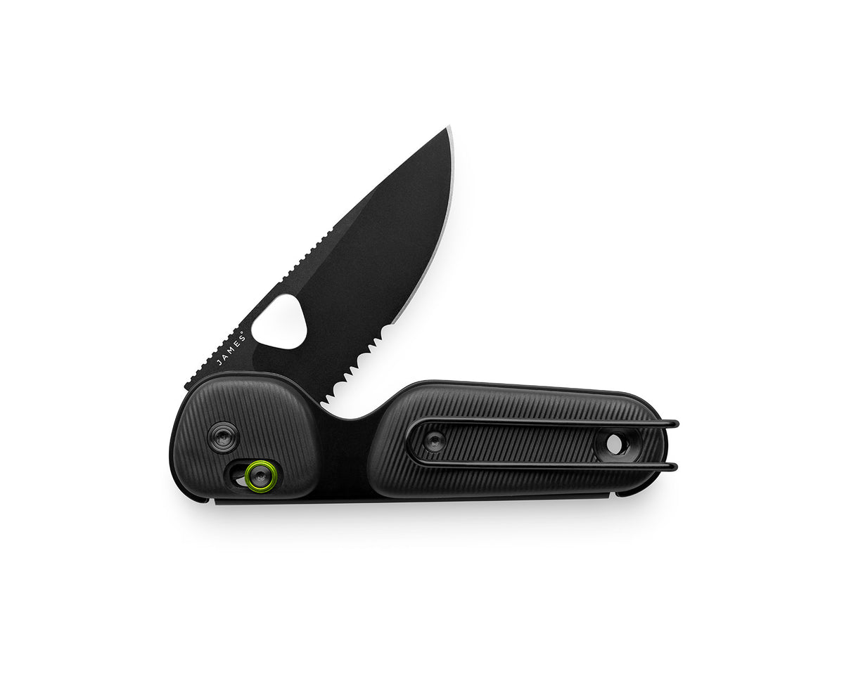 The Redstone EDC serrated slide lock adventure knife in Black and black.