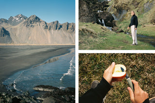 A collage of Snowboarder, surfer, and photographer Caley Vanular slicing an apple with her Ellis slip joint pocket knife, posing near a waterfall, and an empty Icelandic beach.