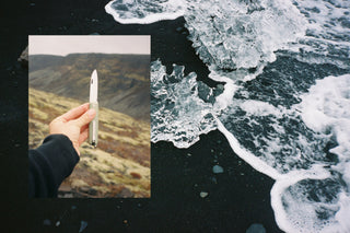 A collage of Snowboarder, surfer, and photographer Caley Vanular holding her Ellis slip joint pocket knife in grove.