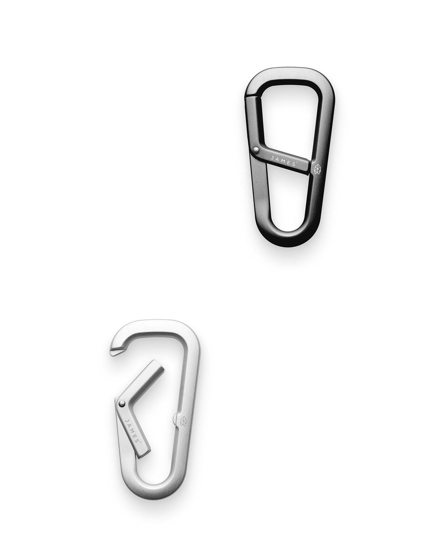 The Hardin EDC keychain carabiner in stainless steel and space gray.