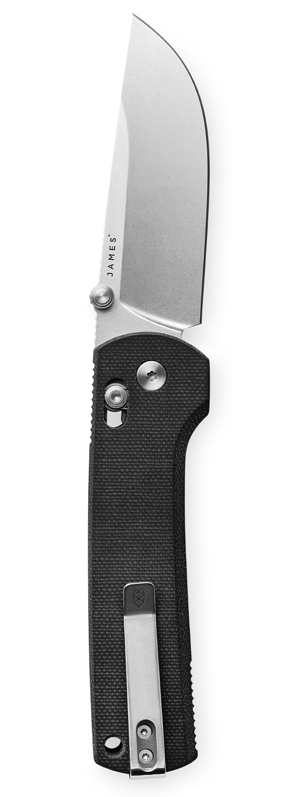 The made in the USA Kline EDC slide lock folding pocket knife in black micarta and magnacut steel vertically orientated.