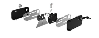 An exploded view of the parts of the Palmer utility box cutter knife. 
