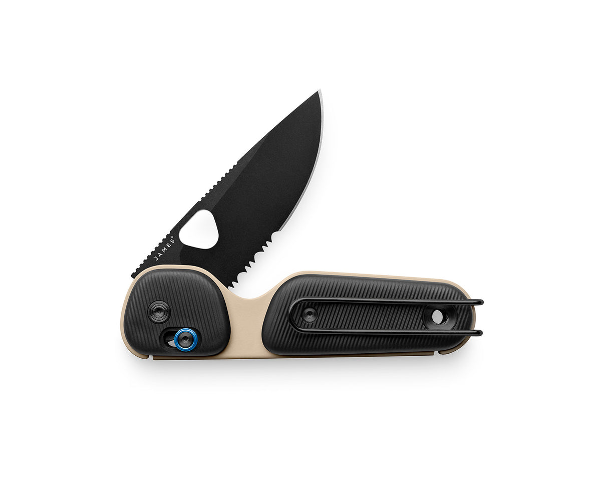 The Redstone EDC serrated slide lock adventure knife in Coyote Tan and black.