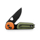 The Redstone EDC serrated slide lock adventure knife in OD Green, Orange, and black.