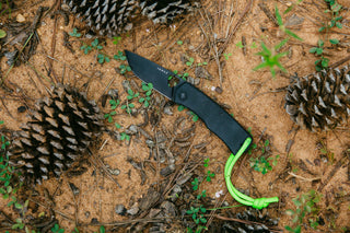 The Folsom EDC liner lock folding pocket knife in the dirt with pinecones. 
