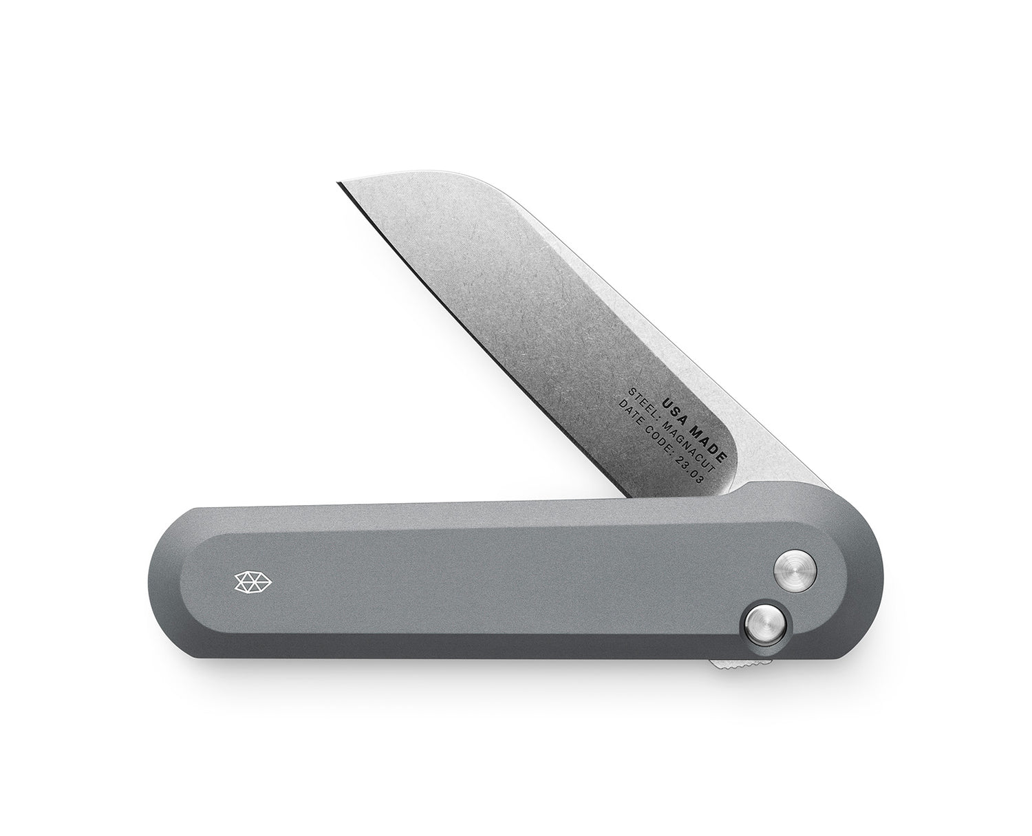 The made in the USA Wells EDC button lock flipper folding pocket knife with a Magnacut blade in raw aluminum.