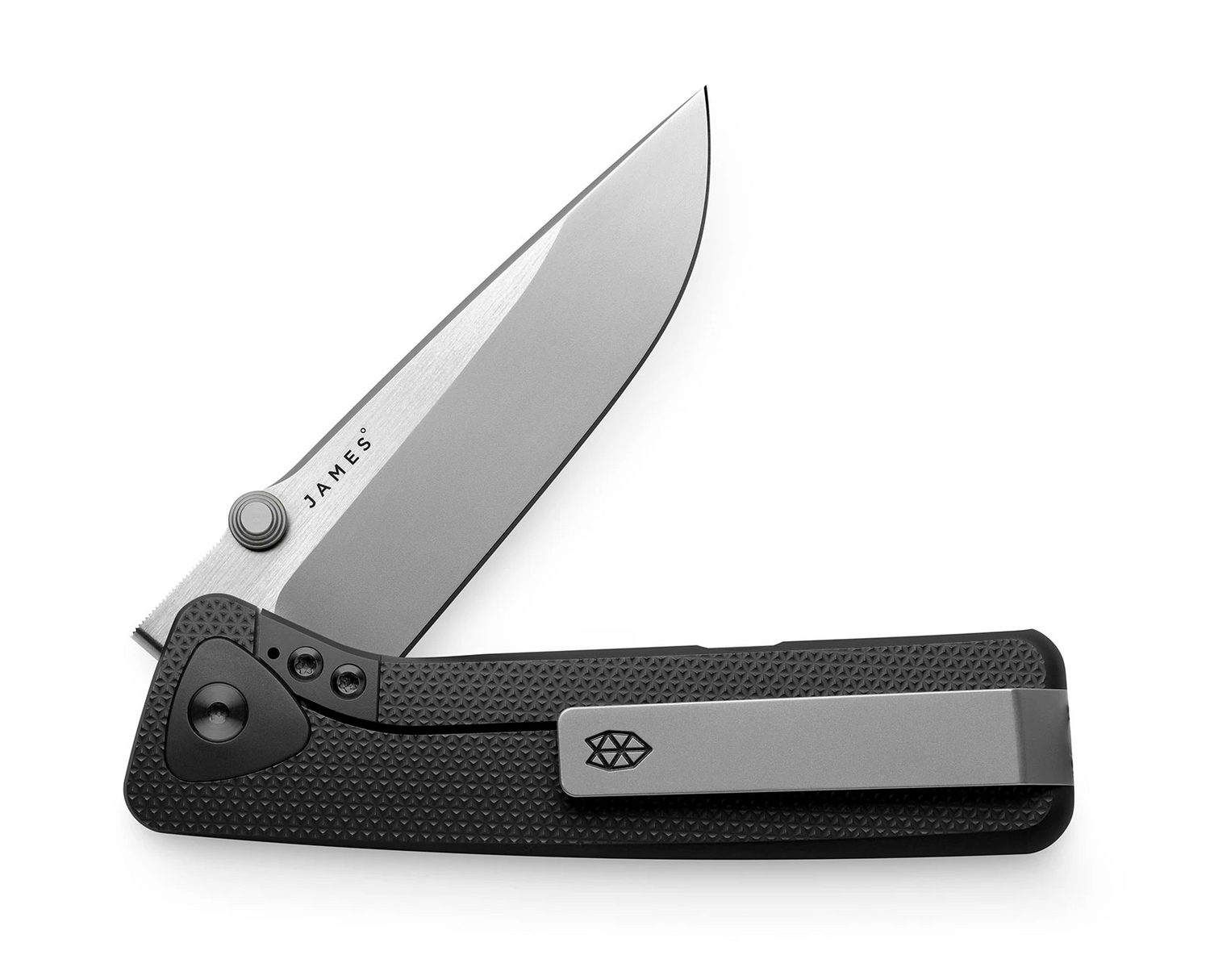 The Barnes integral titanium EDC frame lock folding pocket knife with black handle and a stainless steel blade.