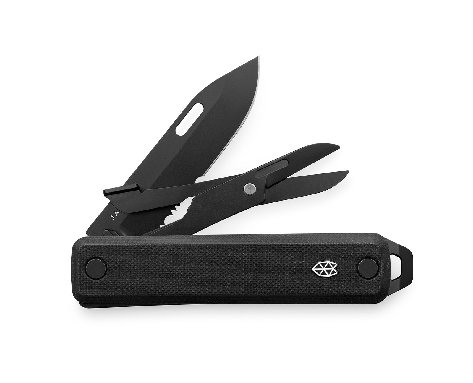 The Ellis EDC multi-tool with black handle and black tools.