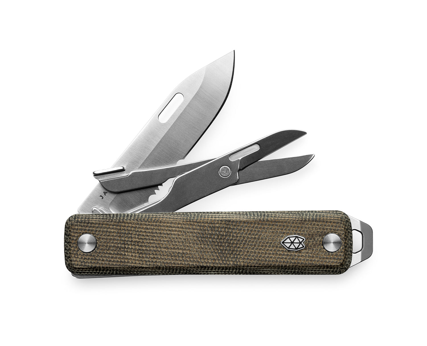 The Ellis EDC multi-tool with OD green micarta handle and stainless steel tools.